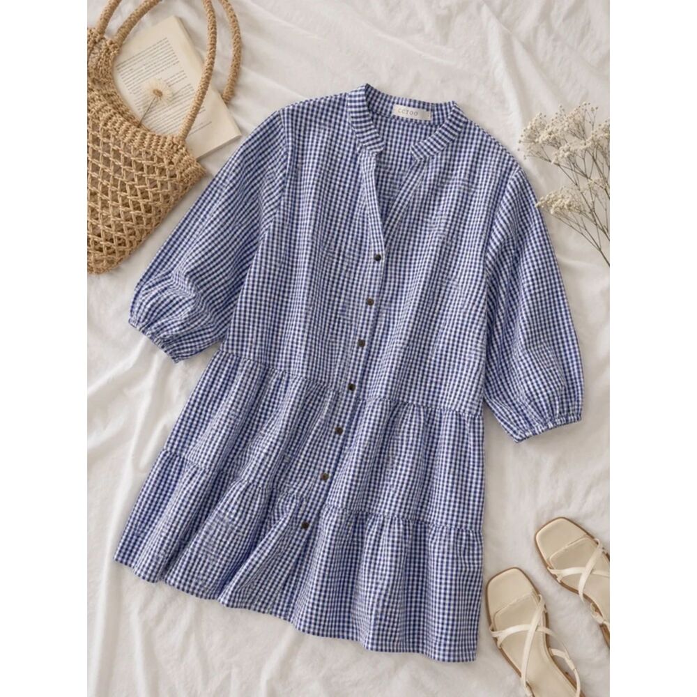 CCTOO Blue & White Gingham Button Dress Size Large, Cottagecore Flowy Midi